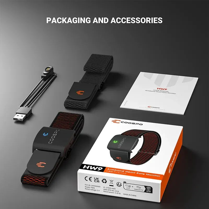 COOSPO HW9 – Brassard Cardiofréquencemètre Bluetooth & ANT+ avec Zones de Fréquence Cardiaque et Suivi des Calories
